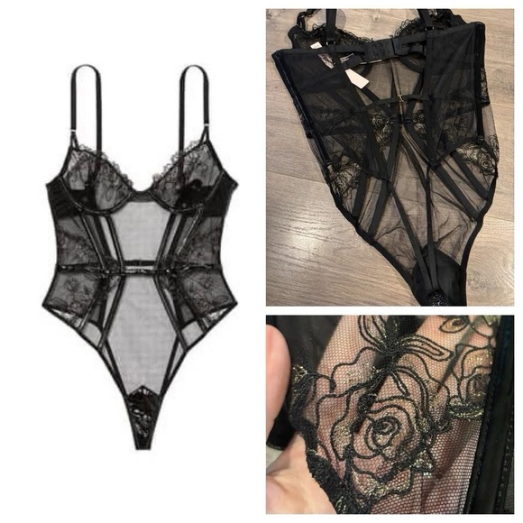 Victoria's Secret Other - Victoria's Secret Black and Gold Lace Faux Leather Bodysuit